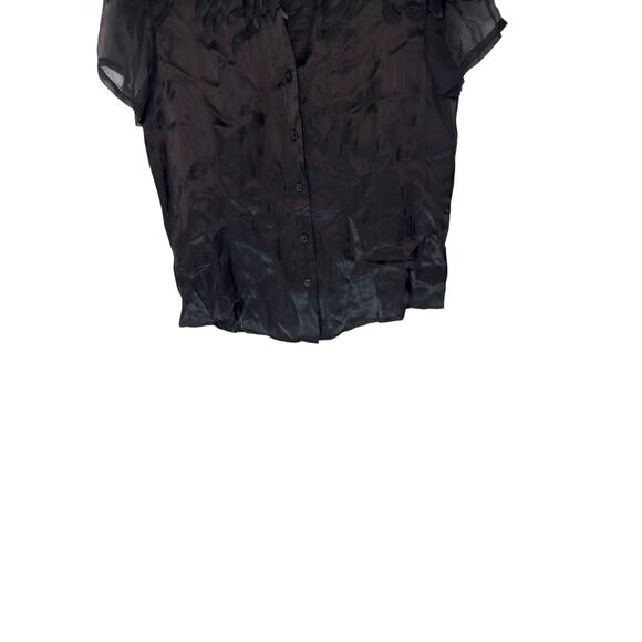 Black Basic Dressy Vamp Silk Short Sleeve Collared Button Up Blouse Large - Picture 3 of 10
